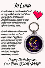 Load image into Gallery viewer, Personalised Zodiac Sign Keyrings &amp; Card|Astrology Gift|Birthday Gift For Him/Her|Star Sign Gifts|12 Designs To Choose From
