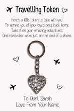 Load image into Gallery viewer, Personalised Travel Token Keyrings &amp; Card|Travelling Keychain Gift|Safe Travels Hug|8 Designs To Choose From
