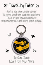 Load image into Gallery viewer, Personalised Travel Token Keyrings &amp; Card|Travelling Keychain Gift|Safe Travels Hug|8 Designs To Choose From
