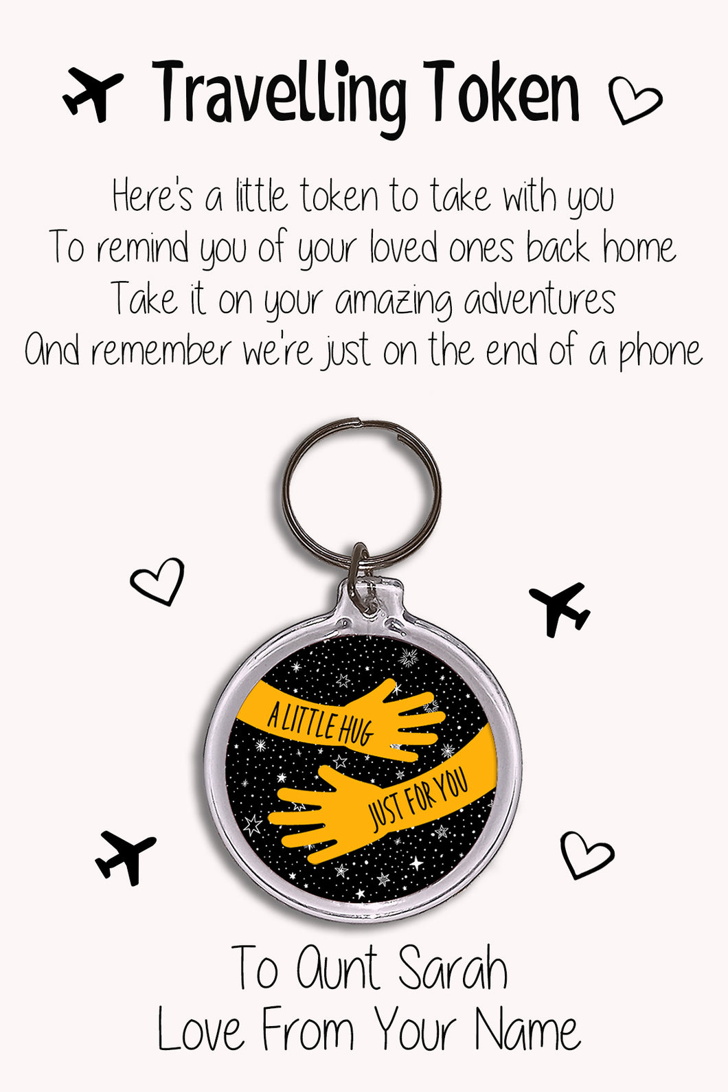 Personalised Travel Token Keyrings & Card|Travelling Keychain Gift|Safe Travels Hug|8 Designs To Choose From