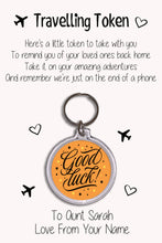 Load image into Gallery viewer, Personalised Travel Token Keyrings &amp; Card|Travelling Keychain Gift|Safe Travels Hug|8 Designs To Choose From
