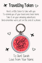 Load image into Gallery viewer, Personalised Travel Token Keyrings &amp; Card|Travelling Keychain Gift|Safe Travels Hug|8 Designs To Choose From
