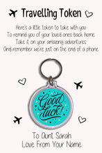 Load image into Gallery viewer, Personalised Travel Token Keyrings &amp; Card|Travelling Keychain Gift|Safe Travels Hug|8 Designs To Choose From
