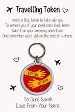 Load image into Gallery viewer, Personalised Travel Token Keyrings &amp; Card|Travelling Keychain Gift|Safe Travels Hug|8 Designs To Choose From
