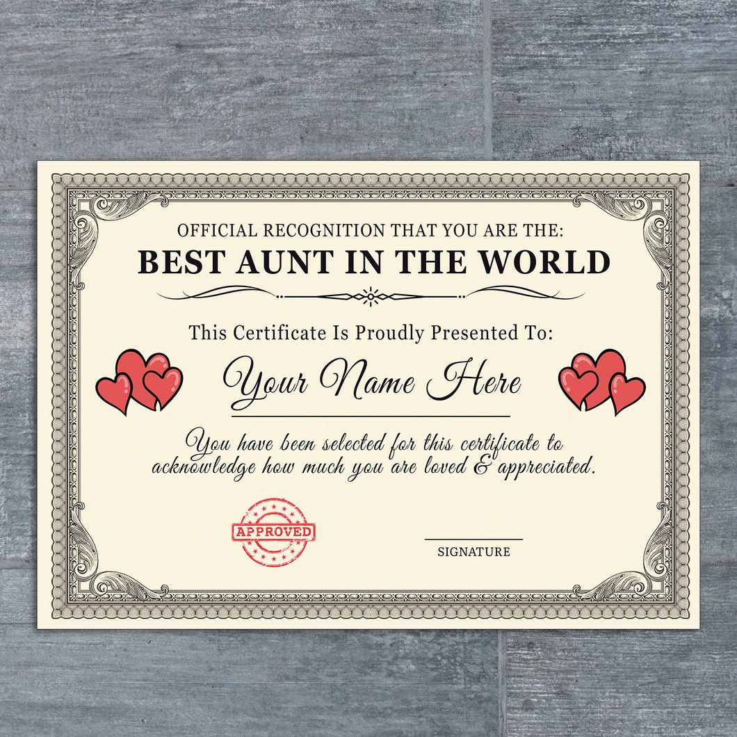 Personalised 'Best In The World' Certificates (Blank Signature) Gift/Print