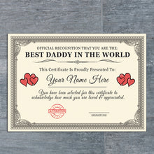 Load image into Gallery viewer, Personalised &#39;Best In The World&#39; Certificates (Blank Signature) Gift/Print
