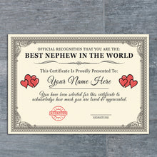 Load image into Gallery viewer, Personalised &#39;Best Nephew in the World&#39; Certificates Gift/Print
