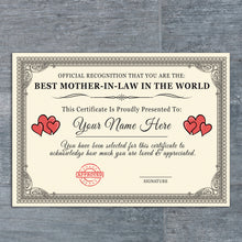 Load image into Gallery viewer, Personalised &#39;Best Mother-In-Law in the World&#39; Certificates Gift/Print
