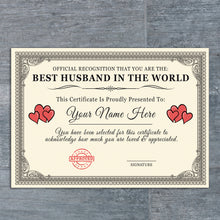 Load image into Gallery viewer, Personalised &#39;Best Husband in the World&#39; Certificates Gift/Print
