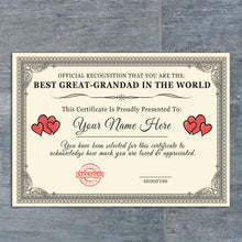 Load image into Gallery viewer, Personalised &#39;Best Great-Grandad in the World&#39; Certificates Gift/Print
