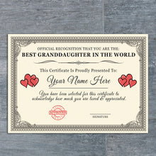 Load image into Gallery viewer, Personalised &#39;Best Granddaughter in the World&#39; Certificates Gift/Print
