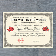 Load image into Gallery viewer, Personalised &#39;Best Wife in the World&#39; Certificates Gift/Print
