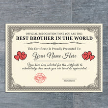 Load image into Gallery viewer, Personalised &#39;Best Brother in the World&#39; Certificates Gift/Print
