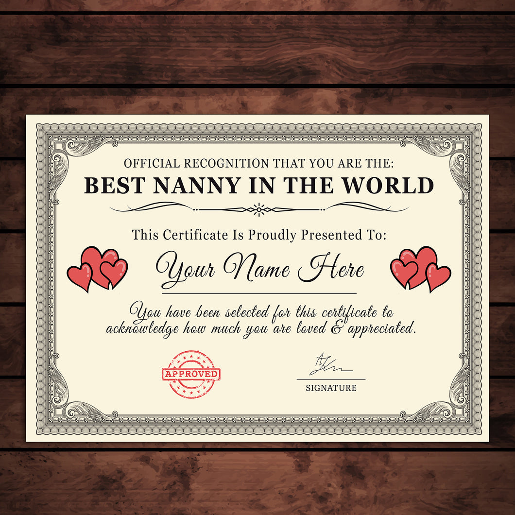 Personalised 'Best Nanny in the World' Certificates Gift/Print