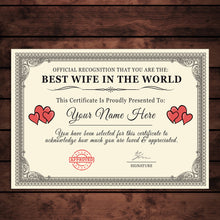 Load image into Gallery viewer, Personalised &#39;Best Wife in the World&#39; Certificates Gift/Print
