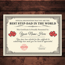 Load image into Gallery viewer, Personalised &#39;Best Step-Dad in the World&#39; Certificates Gift/Print
