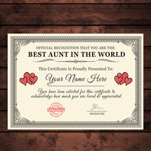 Load image into Gallery viewer, Personalised &#39;Best Aunt In The World&#39; Certificates Gift/Print
