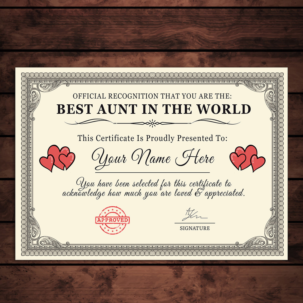 Personalised 'Best Aunt In The World' Certificates Gift/Print