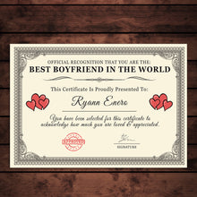 Load image into Gallery viewer, Personalised &#39;Best Boyfriend in the World&#39; Certificates Gift/Print
