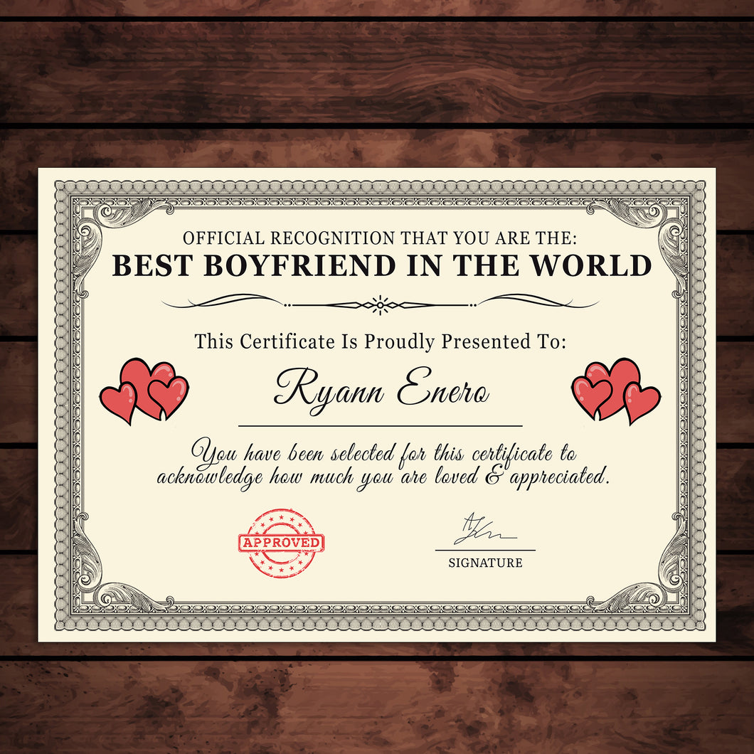 Personalised 'Best Boyfriend in the World' Certificates Gift/Print