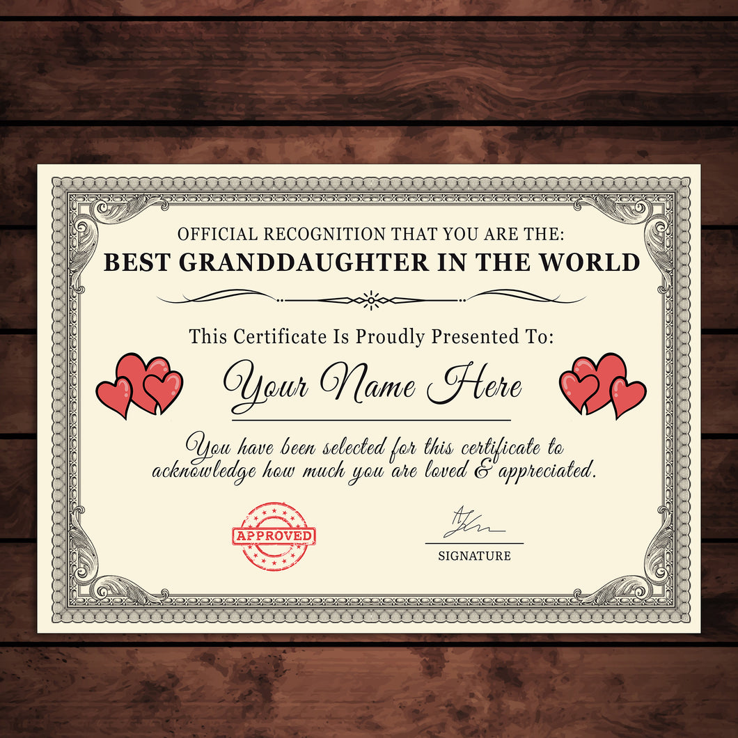 Personalised 'Best Granddaughter in the World' Certificates Gift/Print