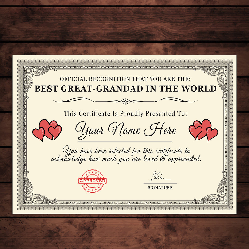 Personalised 'Best Great-Grandad in the World' Certificates Gift/Print