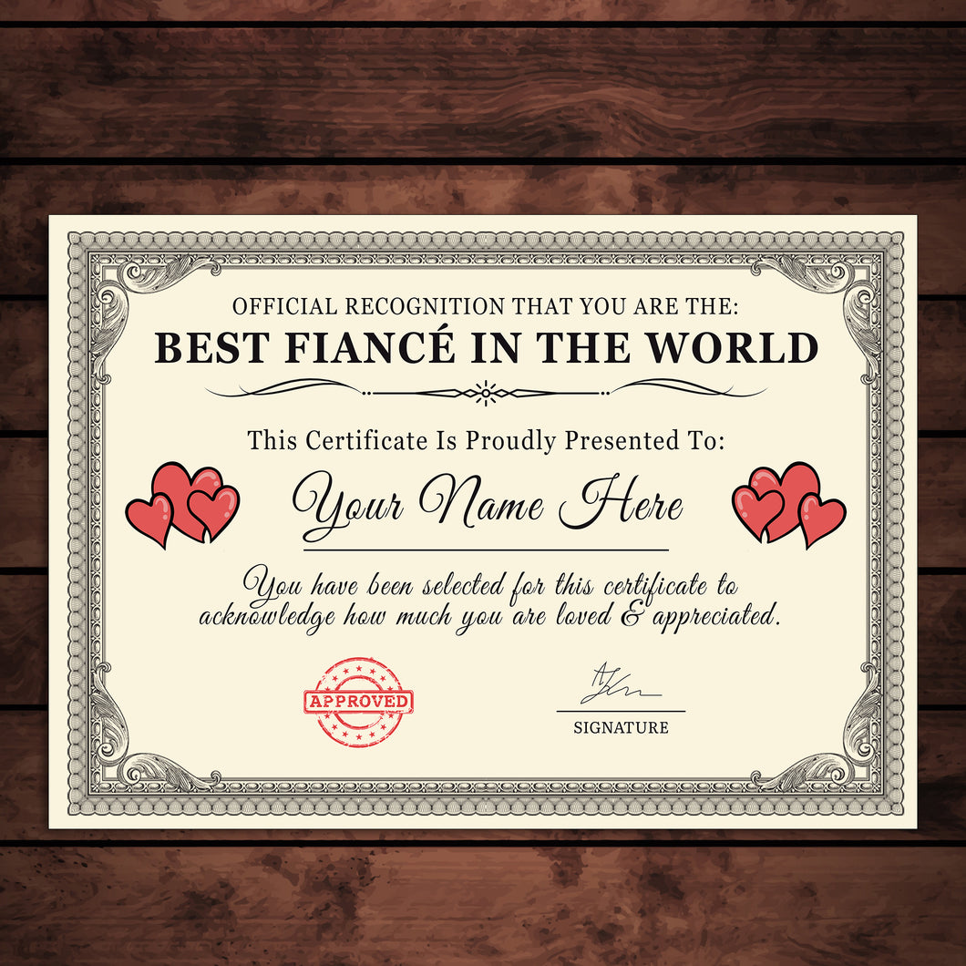 Personalised 'Best Fiancé in the World' Certificates Gift/Print