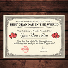 Load image into Gallery viewer, Personalised &#39;Best In The World&#39; Certificates Gift/Print
