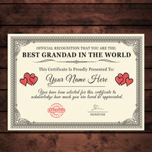 Load image into Gallery viewer, Personalised &#39;Best Grandad in the World&#39; Certificates Gift/Print
