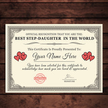 Load image into Gallery viewer, Personalised &#39;Best Step-Daughter in the World&#39; Certificates Gift/Print
