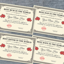 Load image into Gallery viewer, Personalised &#39;Best In The World&#39; Certificates (Blank Signature) Gift/Print
