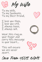 Load image into Gallery viewer, Personalised Wife Hug Ring, Send a Hug from Me to You, Adjustable Ring, Finger Hug Gift
