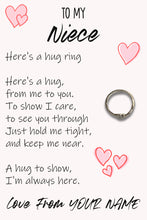 Load image into Gallery viewer, Personalised Niece Hug Ring, Send a Hug from Me to You, Adjustable Ring, Finger Hug Gift

