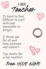 Load image into Gallery viewer, Personalised Teacher Hug Ring, Send a Hug from Me to You, Adjustable Ring, Finger Hug Gift
