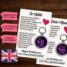 Load image into Gallery viewer, Personalised Zodiac Sign Keyrings &amp; Card|Astrology Gift|Birthday Gift For Him/Her|Star Sign Gifts|12 Designs To Choose From
