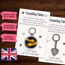 Load image into Gallery viewer, Personalised Travel Token Keyrings &amp; Card|Travelling Keychain Gift|Safe Travels Hug|8 Designs To Choose From
