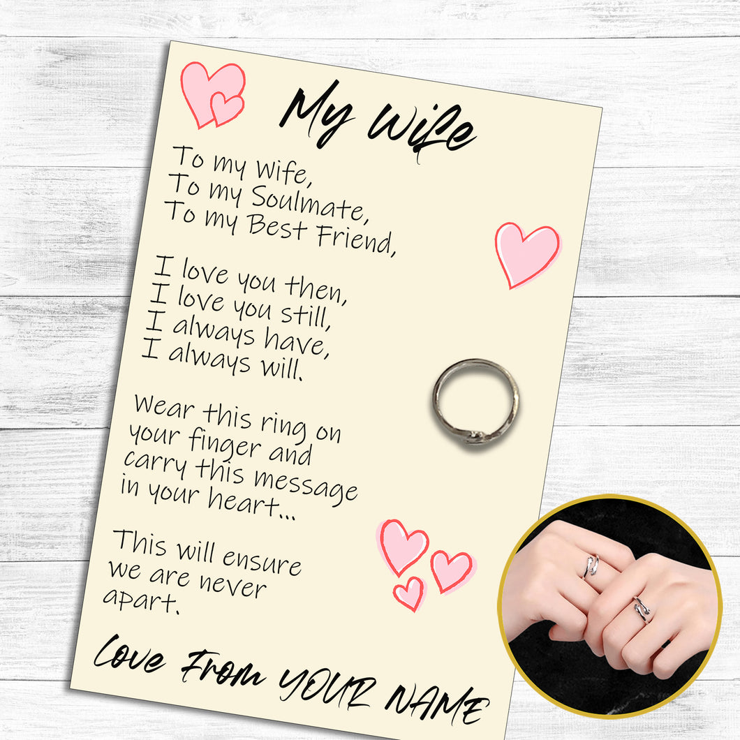 Personalised Wife Hug Ring, Send a Hug from Me to You, Adjustable Ring, Finger Hug Gift