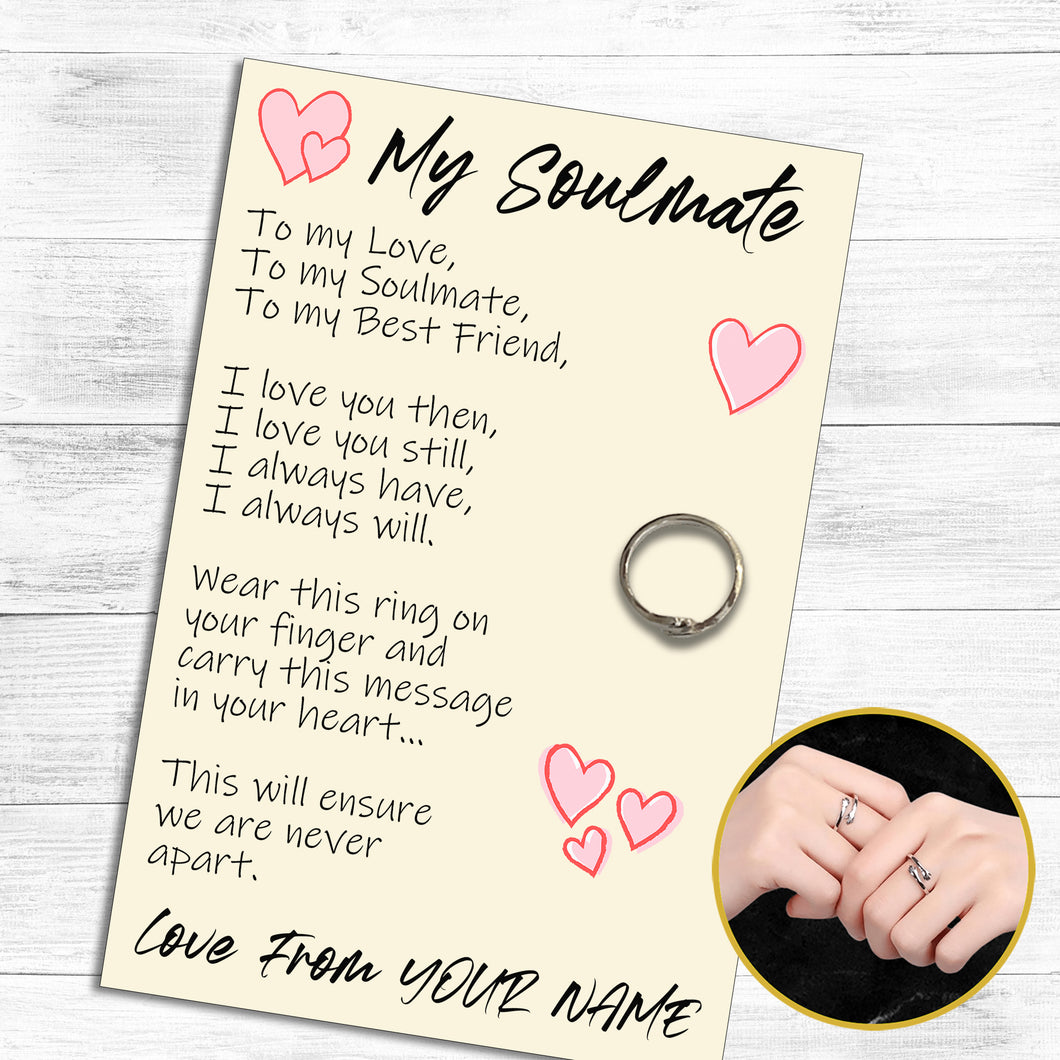 Personalised Soulmate Hug Ring, Send a Hug from Me to You, Adjustable Ring, Finger Hug Gift