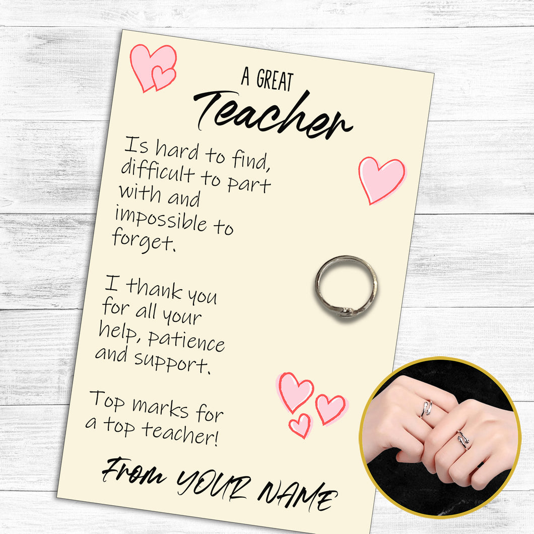 Personalised Teacher Hug Ring, Send a Hug from Me to You, Adjustable Ring, Finger Hug Gift