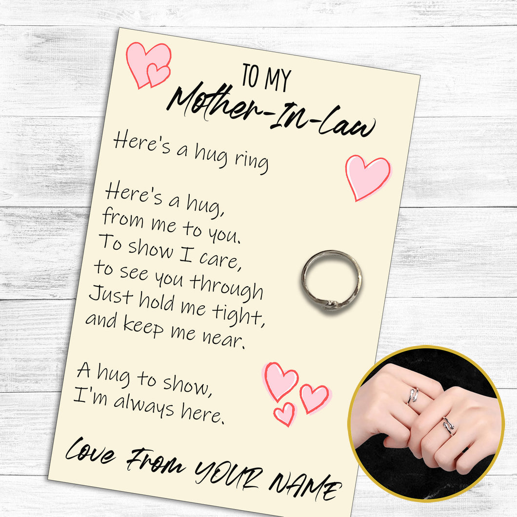 Personalised Mother-In-Law Hug Ring, Send a Hug from Me to You, Adjustable Ring, Finger Hug Gift