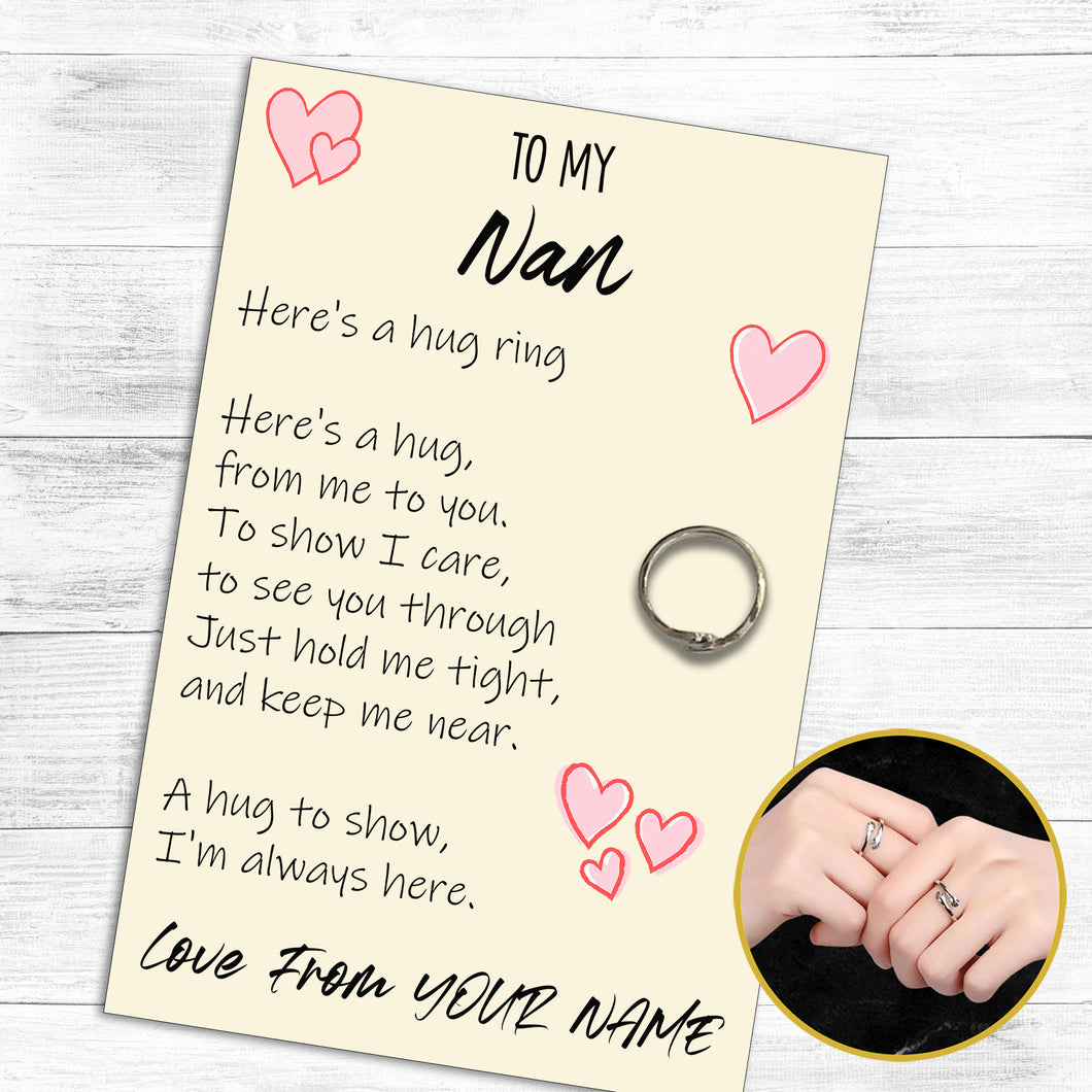 Personalised Nan Hug Ring, Send a Hug from Me to You, Adjustable Ring, Finger Hug Gift