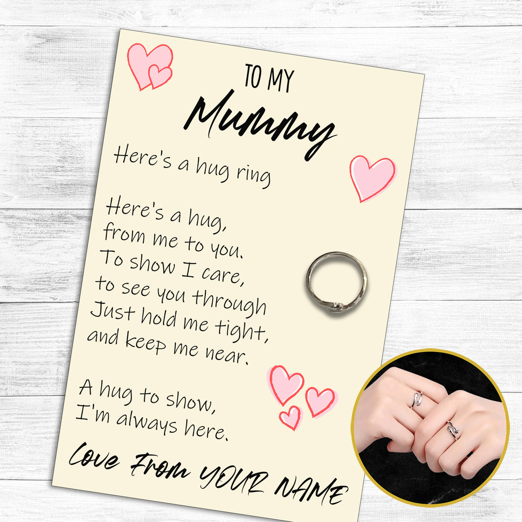 Personalised Mummy Hug Ring, Send a Hug from Me to You, Adjustable Ring, Finger Hug Gift
