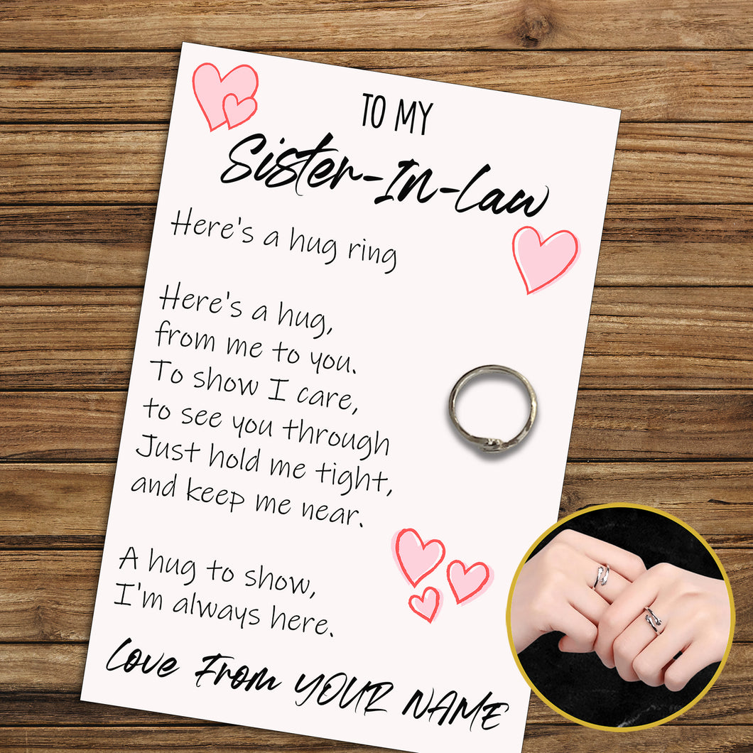 Personalised Sister-In-Law Hug Ring, Send a Hug from Me to You, Adjustable Ring, Finger Hug Gift