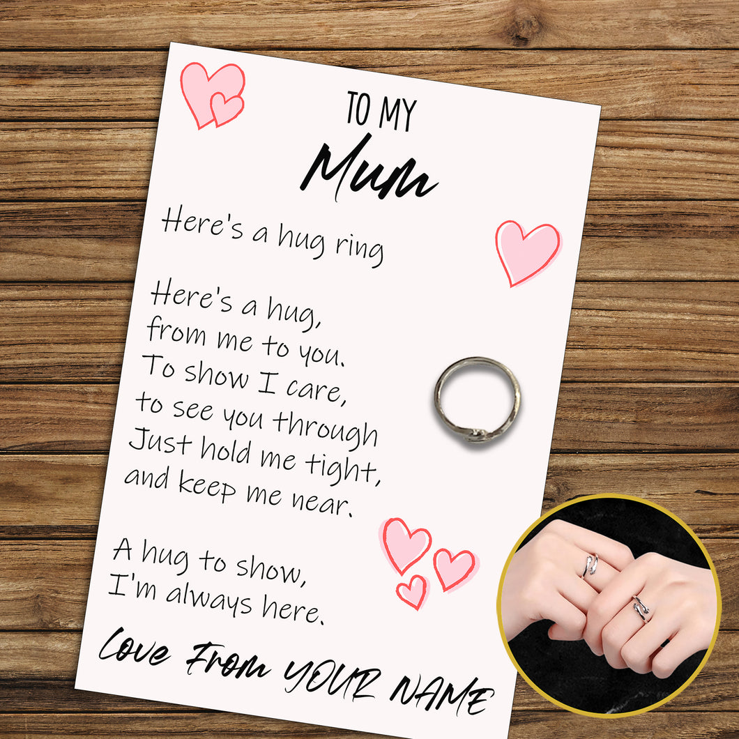 Personalised Mum Hug Ring, Send A Hug From Me To You, Adjustable Ring, Finger Hug Gift