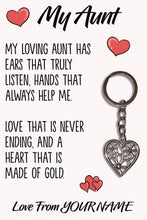 Load image into Gallery viewer, Personalised Aunt Tibetan Love Heart Metal Keyring/Bag Tag, Send Love from Me to You Gift
