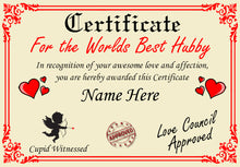 Load image into Gallery viewer, Personalised Best Hubby Certificate, Perfect Birthday, Valentine&#39;s Day, Anniversary Hubby Gift/Print
