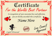 Load image into Gallery viewer, Personalised Best Partner Certificate, Perfect Birthday, Valentine&#39;s Day, Anniversary Partner Gift/Print
