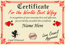 Load image into Gallery viewer, Personalised Best Wifey Certificate, Perfect Birthday, Valentine&#39;s Day, Anniversary Wifey Gift/Print
