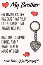 Load image into Gallery viewer, Personalised Brother Tibetan Love Heart Metal Keyring/Bag Tag, Send Love from Me to You Gift
