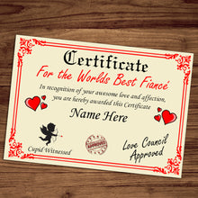 Load image into Gallery viewer, Personalised Best Fiancé Certificate, Perfect Birthday, Valentine&#39;s Day, Anniversary Fiancé Gift/Print
